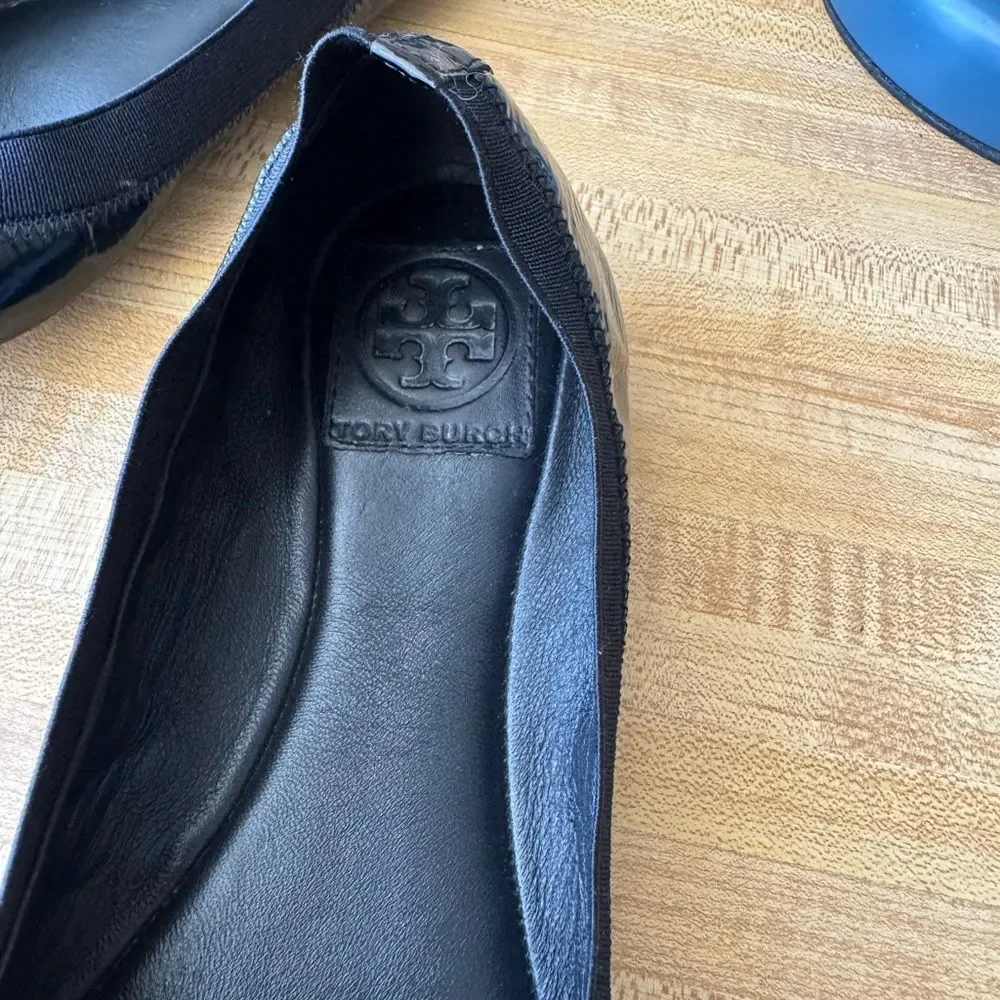 Tory Burch Black Leather Flats with Gold Medallion